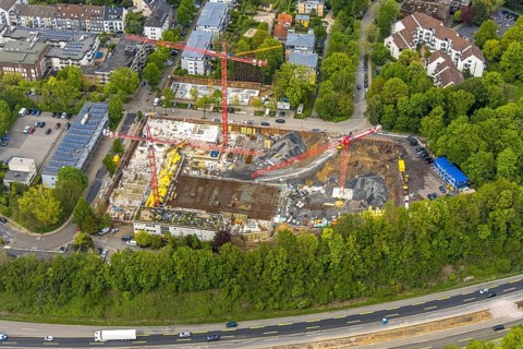 Aerial view, construction site multi-family houses Manfredstraße at the motorway A52,