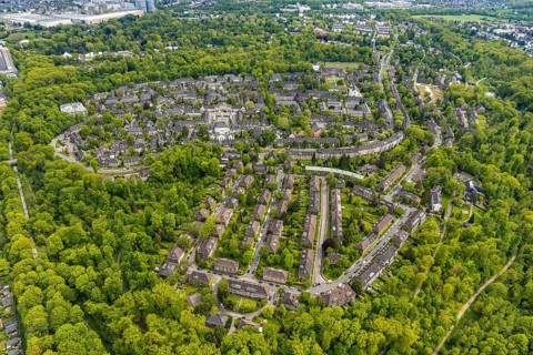 Aerial view, garden city Margarethenhöhe, Essen, Ruhr area, North Rhine-Westphalia, Germany, DE,