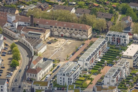 Aerial view, former worsted spinning mill Scheidt, Kettwig, Essen, Ruhr area, North