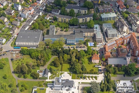 Aerial view, construction site at Theodor-Heuss-Gymnasium, Kettwig, Essen, Ruhr area, North