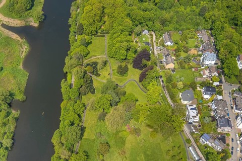 Aerial view, Park Am Möhlenkamp at Villa Scheidt, River Ruhr, Kettwig, Essen, Ruhr area, North