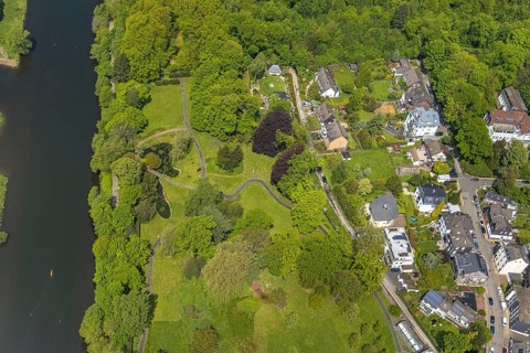 Aerial view, Park Am Möhlenkamp at Villa Scheidt, River Ruhr, Kettwig, Essen, Ruhr area, North