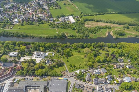 Aerial view, Villa Scheidt am Leinpfad, river Ruhr, Kettwig, Essen, Ruhr area, North