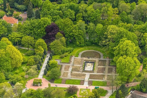 Aerial view, Grugapark, Botanical Garden of the University of Duisburg / Essen, Rose Garden,