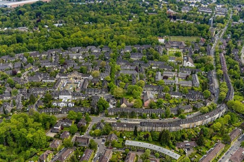 Aerial view, garden city Margarethenhöhe, Essen, Ruhr area, North Rhine-Westphalia, Germany, DE,