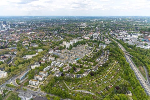 Aerial view, new construction Parc Dunant, residential neighbourhood, Henri-Dunant-Straße,