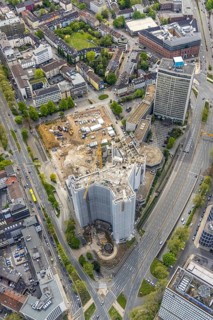 Aerial view, demolition of the Ypsilon-Haus of the RWE headquarters Essen in Huyssenallee, planned