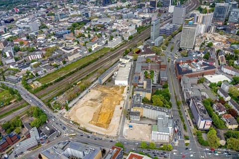 Aerial view, construction area for new literature quarter, demolition work former newspaper