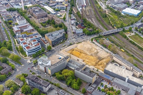 Aerial view, construction area for new literature quarter, demolition work former newspaper