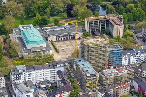 Aerial view, Philharmonie Essen on Huyssenallee, construction site, new building complex with