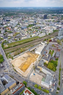 Aerial view, construction area for new literature quarter, demolition work former newspaper