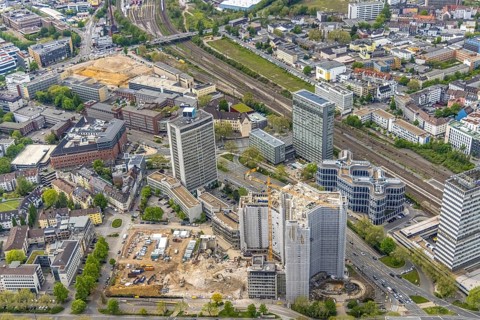 Aerial view, demolition of the Ypsilon-Haus of the RWE headquarters Essen in Huyssenallee, planned