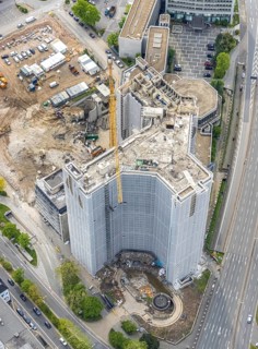 Aerial view, demolition of the Ypsilon-Haus of the RWE headquarters Essen in Huyssenallee, planned
