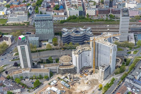 Aerial view, demolition of the Ypsilon-Haus of the RWE headquarters Essen in Huyssenallee, planned