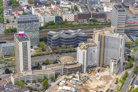 Aerial view, demolition of the Ypsilon-Haus of the RWE headquarters Essen in Huyssenallee, planned