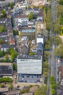 Aerial view, construction site, new building complex with residential tower and senior citizens'