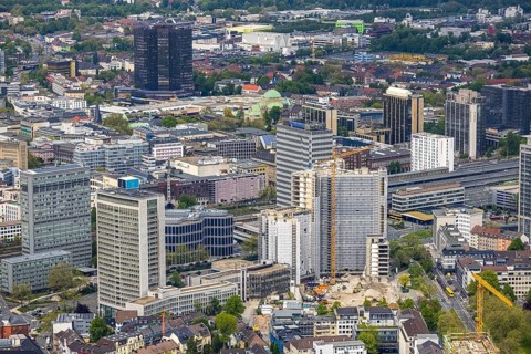 Aerial view, demolition of the Ypsilon-Haus of the RWE headquarters Essen in Huyssenallee, planned