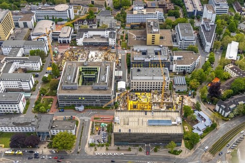 Aerial view, University Hospital Essen, construction site at the building institute group 1,