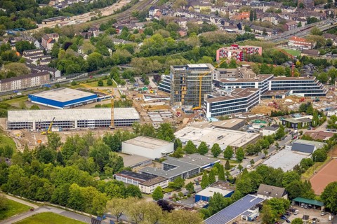 Aerial view, new construction and construction site ALDI-Nord Campus, Eckenbergstraße, Hängebank,
