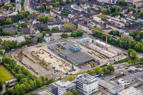 Aerial view, construction site of new hall at Ruhrbahn GmbH depot, Ostviertel, Essen, Ruhr area,