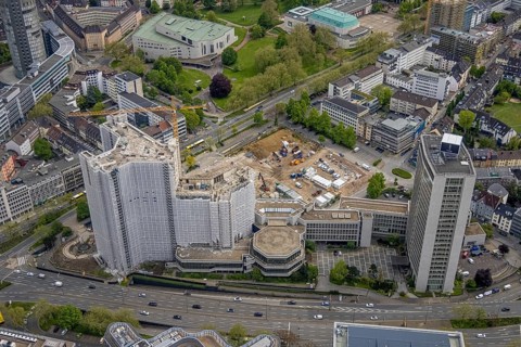 Aerial view, demolition of Ypsilon-Haus of RWE headquarters Essen in Huyssenallee, planned new