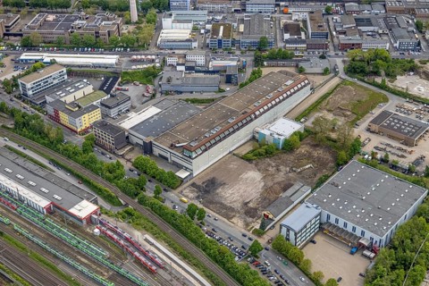 Aerial view, planned logistics park, former printing centre of Funke Mediengruppe,
