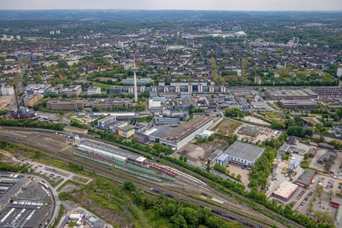 Aerial view, DB Regio in North Rhine-Westphalia plant Essen, industrial estate Schederhofstraße and