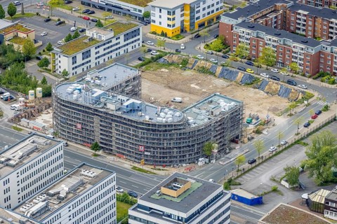 Aerial view, construction site and new office building on the corner of Frohnhauser Straße and