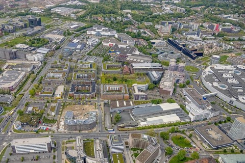 Aerial view, construction site and new office building on the corner of Frohnhauser Straße and