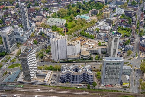 Aerial view, demolition of Ypsilon-Haus of RWE headquarters Essen in Huyssenallee, planned new