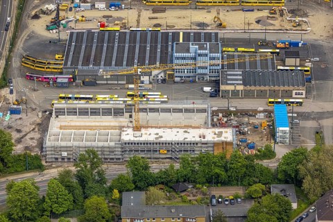 Aerial view, construction site, new hall construction Ruhrbahn depot, Ostviertel, Essen, Ruhr area,