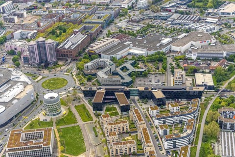Aerial view, Funke Mediengruppe headquarters, Jakob-Funke-Platz 1, Green Centre Essen, Westviertel,
