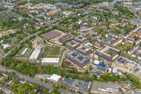 Aerial view, construction site at RWE Campus, Nordviertel, Essen, Ruhr area, North
