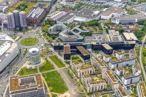 Aerial view, Funke Mediengruppe headquarters, Jakob-Funke-Platz 1, Green Centre Essen, Westviertel,