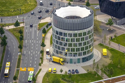 Aerial view, Funke Mediengruppe headquarters, Jakob-Funke-Platz 1, Westviertel, Essen, Ruhr area,