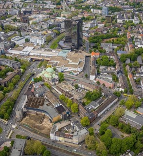 Aerial view, city hall and city hall gallery Essen, cultural centre old synagogue, city centre,