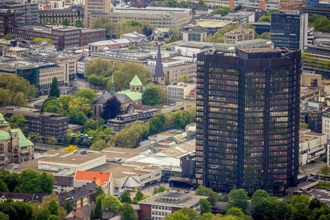 Aerial view, city hall and Essen Cathedral, city centre, Essen, Ruhr area, North Rhine-Westphalia,