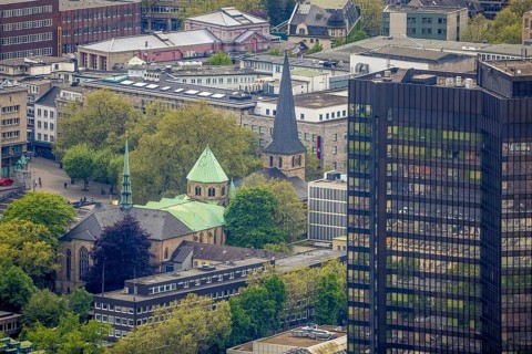 Aerial view, city hall and Essen Cathedral, city centre, Essen, Ruhr area, North Rhine-Westphalia,