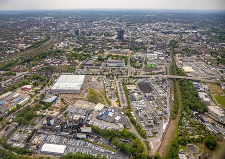 Aerial view, new forwarding building and construction site at the corner of Burggrafenstraße and