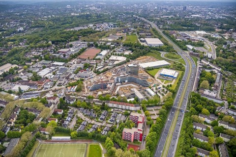 Aerial view, new construction and construction site ALDI-Nord Campus, Eckenbergstraße, Hängebank,