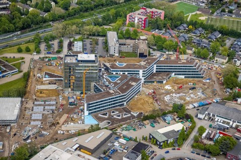 Aerial view, new construction and construction site ALDI-Nord Campus, Eckenbergstraße, Hängebank,