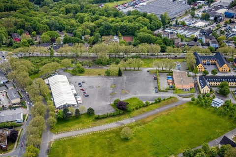 Aerial view, MEDION factory outlet, Schönscheidtstraße, Essen-Kray, Essen, Ruhr area, North