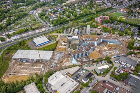 Aerial view, new construction and construction site ALDI-Nord Campus, Eckenbergstraße, Hängebank,