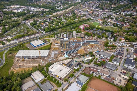Aerial view, new construction and construction site ALDI-Nord Campus, Eckenbergstraße, Hängebank,