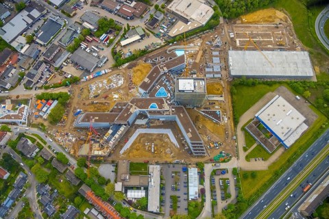 Aerial view, new construction and construction site ALDI-Nord Campus, Eckenbergstraße, Hängebank,