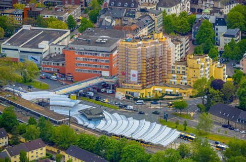 Aerial photo, construction site Kaiser-Otto-Residenz Essen, railway and bus station Steeler Platz,