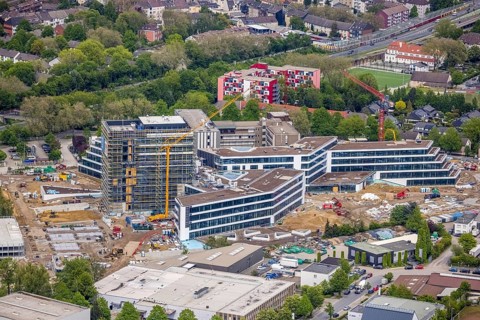 Aerial view, new construction and construction site ALDI-Nord Campus, Eckenbergstraße, Hängebank,