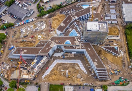 Aerial view, new construction and construction site ALDI-Nord Campus, in A-form, Eckenbergstraße,