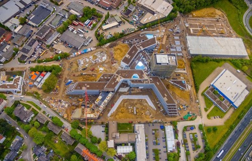 Aerial view, new construction and construction site ALDI-Nord Campus, in A-form, Eckenbergstraße,
