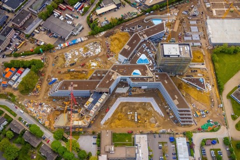 Aerial view, new construction and construction site ALDI-Nord Campus, in A-form, Eckenbergstraße,